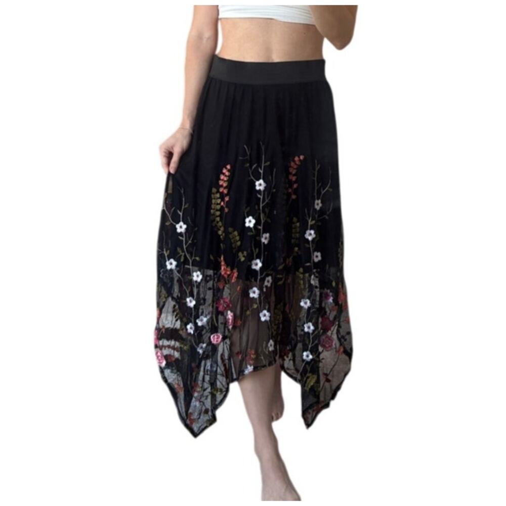 INC Black Embroidered Floral Sheer Whimsigoth Asymmetrical Midi Skirt Size S